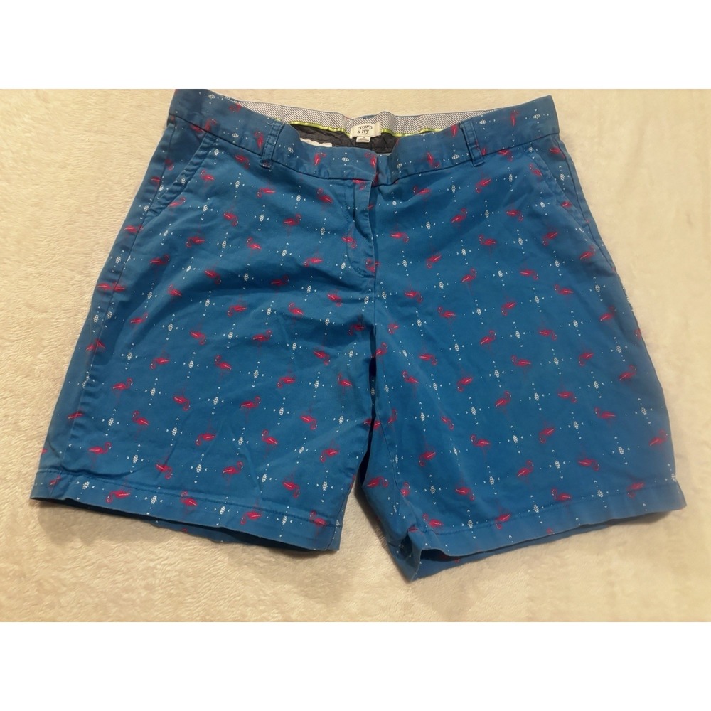 Crown & Ivy Shorts Women's 16 80's Style Preppy Flamingo Print Summer Blue Pink